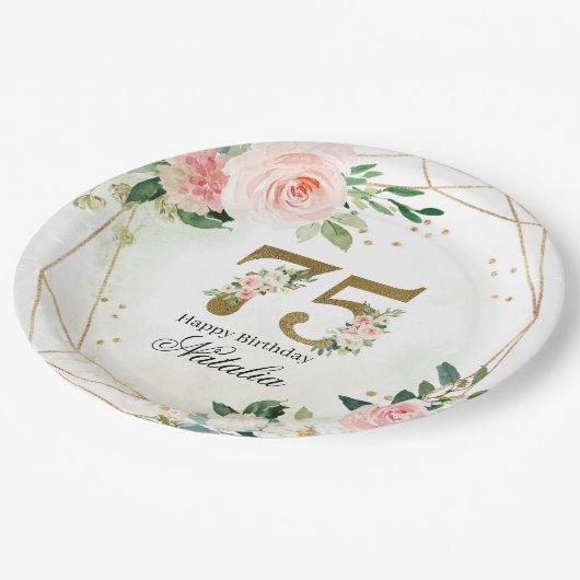 Personalized Gold & Floral 75th Custom Pappteller (Schrägansicht)