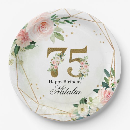 Personalized Gold & Floral 75th Custom Pappteller (Vorderseite)