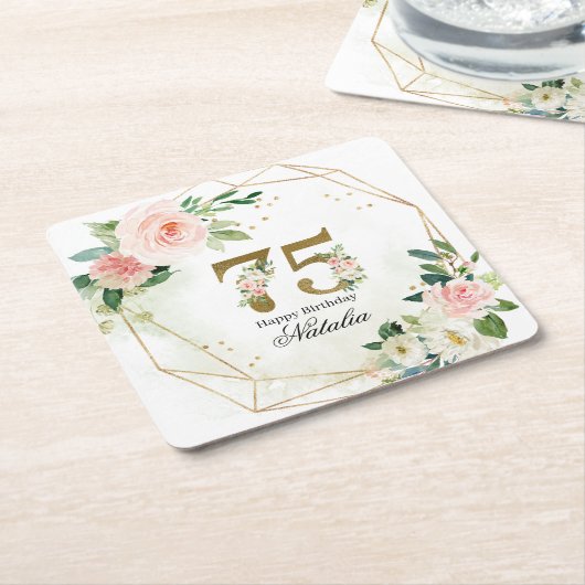 Personalized Gold & Floral 75th Custom Rechteckiger Pappuntersetzer (angewinkelt)