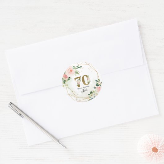 Personalized Gold & Floral Custom 70th Runder Aufkleber (Umschlag)