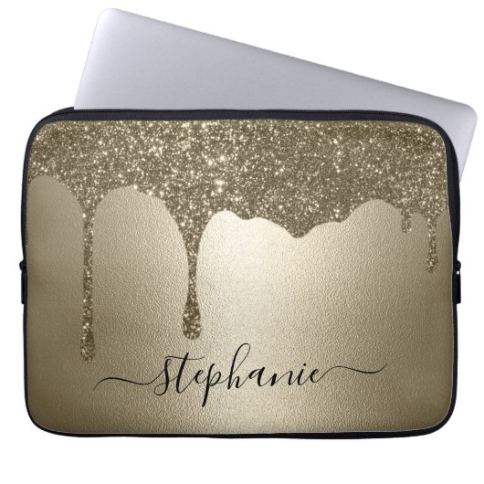Personalized Gold Glitter Drip Laptop Sleeve (Vorderseite)