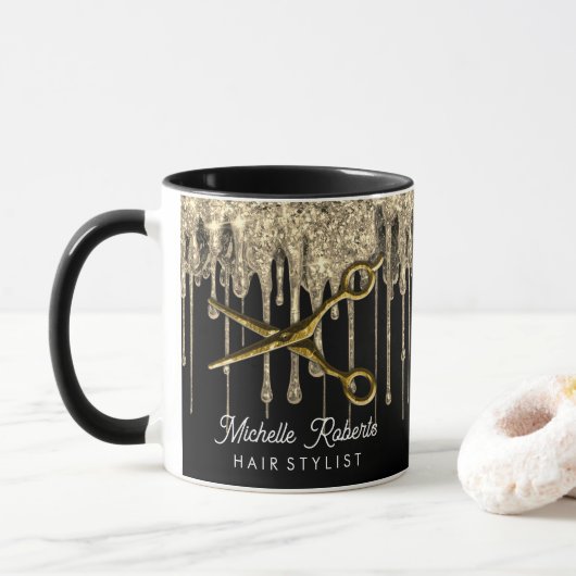 Personalized Gold Glitter Scissors Hair Salon Tasse (Mit Donut)