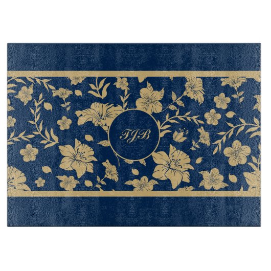 Personalized Gold Navy Floral Schneidebrett (Vorderseite)