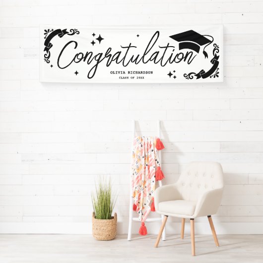 Personalized Graduation Elegant Script Stars & Cap Banner (Insitu)