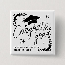 Personalized Graduation Elegant Script Stars & Cap Button