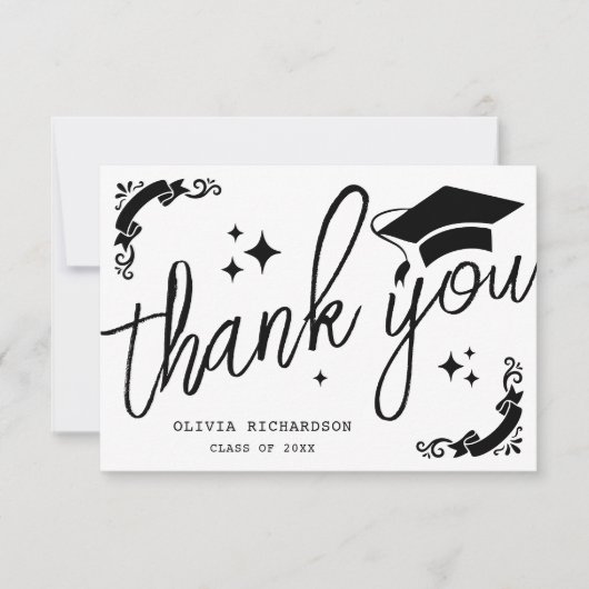 Personalized Graduation Elegant Script Stars & Cap Dankeskarte (Vorderseite)