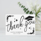 Personalized Graduation Elegant Script Stars & Cap Dankeskarte (Stehend Vorderseite)