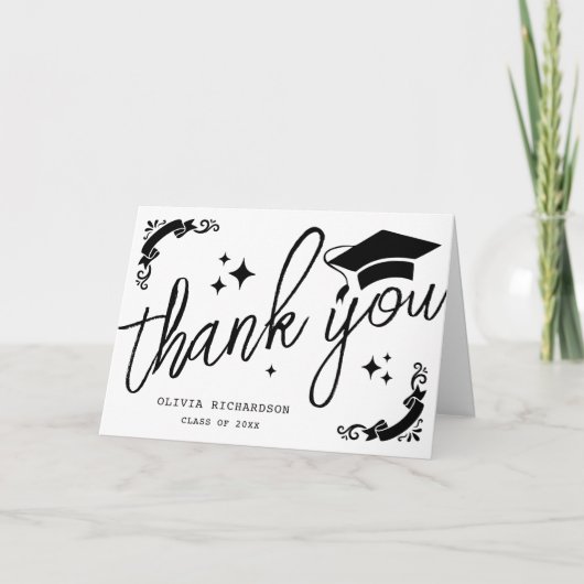 Personalized Graduation Elegant Script Stars & Cap Dankeskarte (Vorderseite)