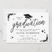 Personalized Graduation Elegant Script Stars & Cap Einladung (Vorderseite)