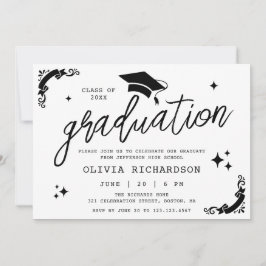 Personalized Graduation Elegant Script Stars & Cap Einladung