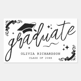 Personalized Graduation Elegant Script Stars & Cap Rechteckiger Aufkleber