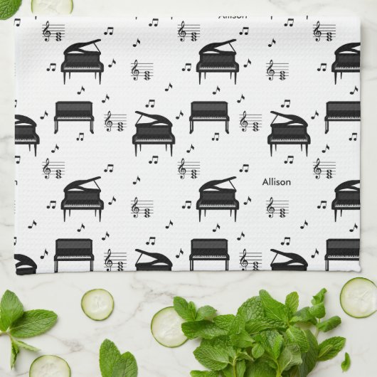 Personalized Grand Piano and Music Notes Pattern Geschirrtuch (Gefaltet)