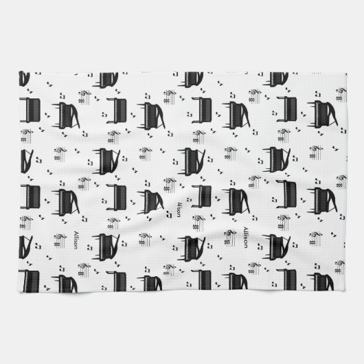 Personalized Grand Piano and Music Notes Pattern Geschirrtuch (Horizontal)