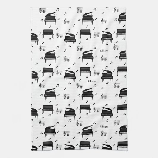 Personalized Grand Piano and Music Notes Pattern Geschirrtuch (Vertikal)