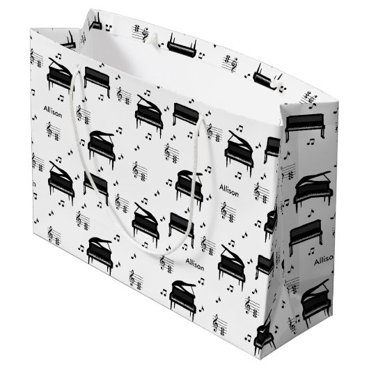 Personalized Grand Piano and Music Notes Pattern Große Geschenktüte (Rückseite Schrägansicht)