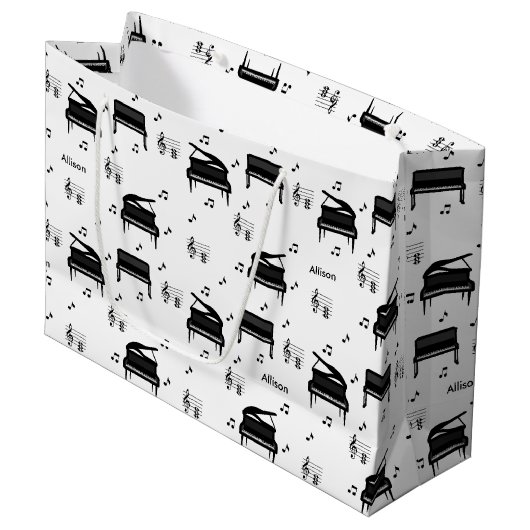 Personalized Grand Piano and Music Notes Pattern Große Geschenktüte (Vorderseite Schrägansicht)