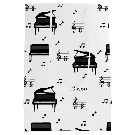 Personalized Grand Piano and Music Notes Pattern Mittlere Geschenktüte (Rückseite)