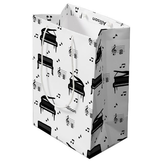Personalized Grand Piano and Music Notes Pattern Mittlere Geschenktüte (Rückseite Schrägansicht)