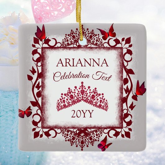 Personalized Gray, Burgundy Red Tiara, Butterfly Keramikornament
