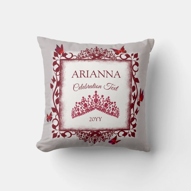 Personalized Gray, Burgundy Red Tiara, Butterfly Kissen (Vorderseite)