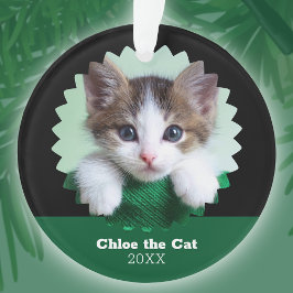 Personalized Green and Black Photo of Cat on Ornament