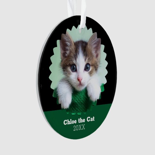 Personalized Green and Black Photo of Cat on Ornament (Vorderseite)