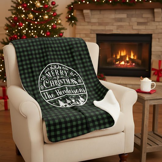 Personalized Green & Black Plaid Merry Christmas Sherpadecke