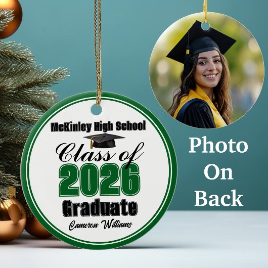 Personalized Green Class of 2026 Graduation Photo Keramik Ornament