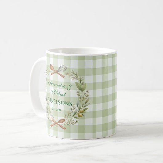 Personalized Green Gingham Newlywed Wedding Kaffeetasse (Vorderseite Links)