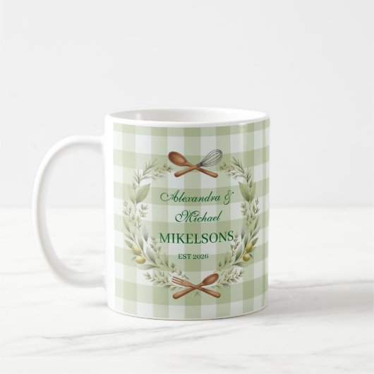 Personalized Green Gingham Newlywed Wedding Kaffeetasse (Links)