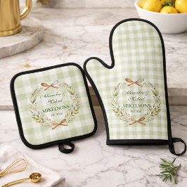 Personalized Green Gingham Newlywed Wedding Ofenhandschuh & Topflappen-Set
