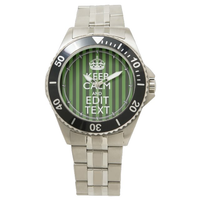 Personalized Green Stripes Keep Calm Your Text Armbanduhr (Vorderseite)