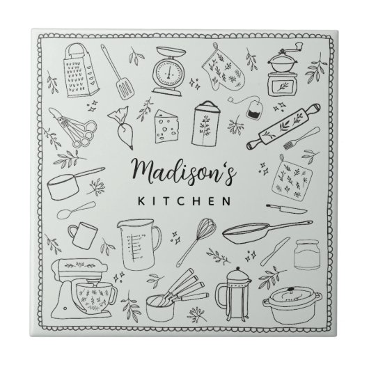 Personalized Hand Drawn Kitchen Cooking Utensils  Fliese (Vorderseite)