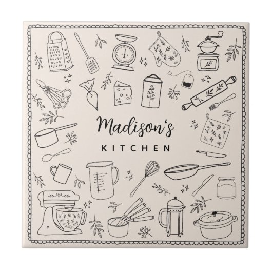 Personalized Hand Drawn Kitchen Cooking Utensils  Fliese (Vorderseite)