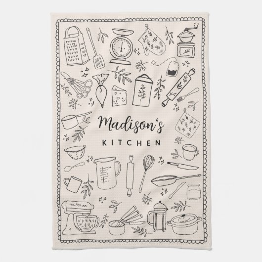 Personalized Hand Drawn Kitchen Cooking Utensils  Geschirrtuch (Vertikal)
