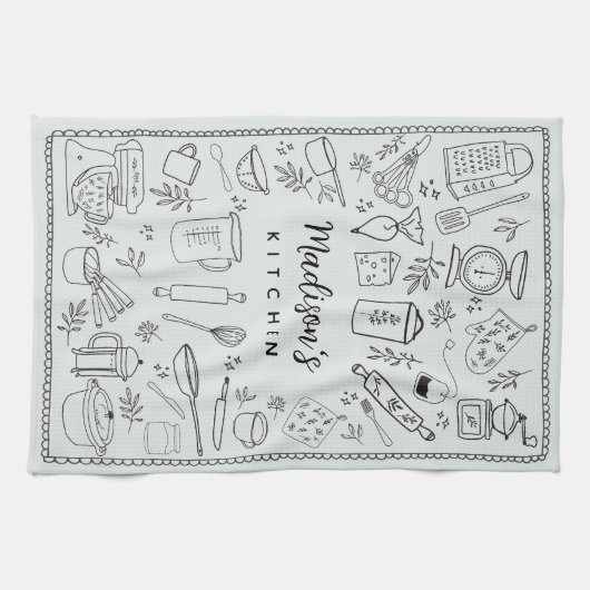 Personalized Hand Drawn Kitchen Cooking Utensils  Geschirrtuch (Horizontal)