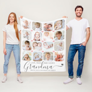 Personalized Handwritten Grandma 16 Foto Hearts Fleecedecke