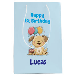 Personalized Happy 1st Birthday Gift Wrap, Puppy, Mittlere Geschenktüte