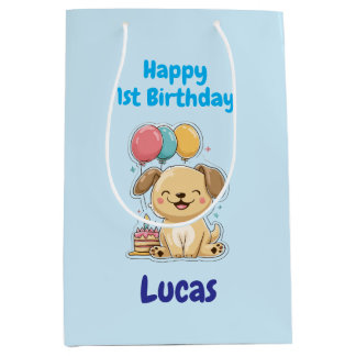 Personalized Happy 1st Birthday Gift Wrap, Puppy, Mittlere Geschenktüte