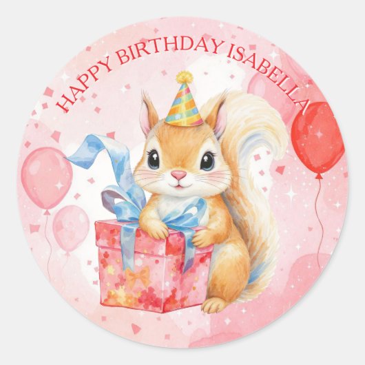Personalized Happy Birthday Girl's Squirrel  Runder Aufkleber (Vorderseite)