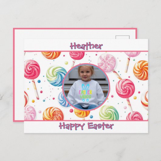 Personalized Happy Easter Lollipop Candy Photo Postkarte (Vorne/Hinten)