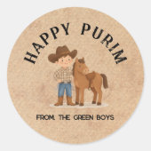 Personalized Happy Purim Round Sticker - Cowboy (Vorderseite)