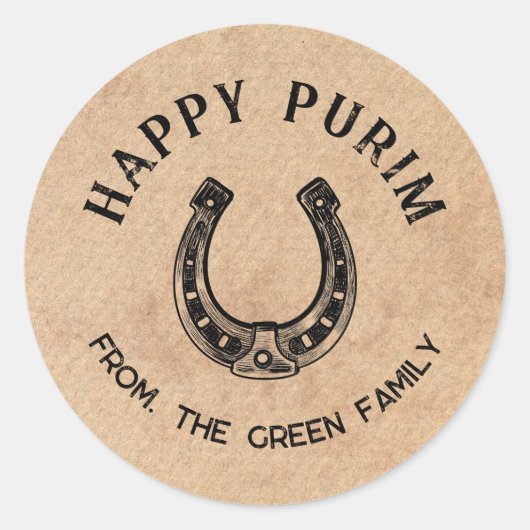Personalized Happy Purim Round Sticker - Horseshoe (Vorderseite)