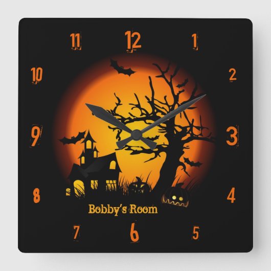 Personalized Haunted House Halloween Wall Clock Quadratische Wanduhr (Vorderseite)