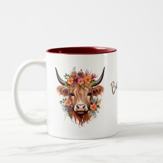 Personalized Highland Cow Floral | Rustic Boho Zweifarbige Tasse (Links)