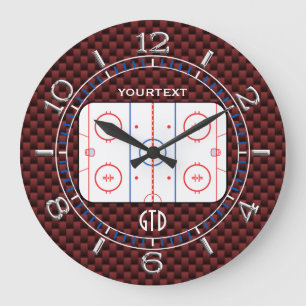 Personalized Hockey Rink Diagram Red Carbon Style Große Wanduhr