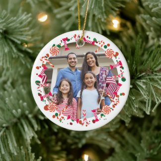 Personalized Holiday Candy Border Photo Keramik Ornament