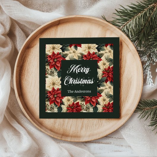 Personalized Holiday Napkins Red Poinsettia Print Serviette