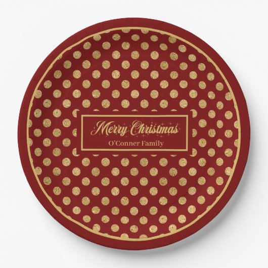Personalized Holiday Paper Plates Red & Gold Dots Pappteller (Vorderseite)