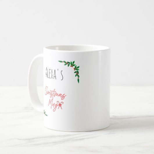 Personalized Holly Berry Candy Cane Name Christmas Kaffeetasse (Vorderseite Links)